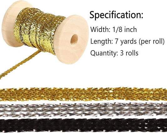 Gold&Silver Set Thin Ribbon 1/8 inch Metallic Braided Double Faced Ribbons Curling Ribbons For Balloon String Crafts Gift Wrapping Party Wedding Christmas Ornaments Decoration 7 Yard x 3 Rolls