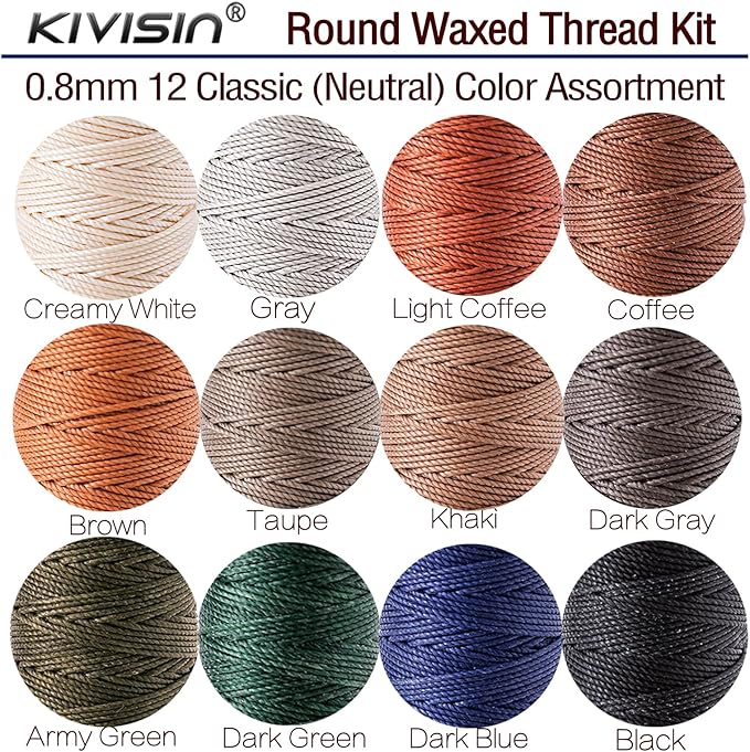12 Classic Colors Round Waxed Thread, 0.8mm 35Yards Spool Polyester Wax Coated Cord Heavy Duty String for Leather Sewing, Stitching, Bookbinding, Upholstery Repairing and Micro Braiding