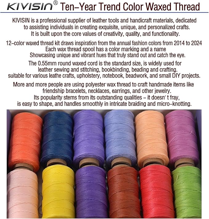 10-Year Popular Assorted Colors Round Waxed Thread -0.55mm 70 Yards 12 Spools Stiff Polyester Wax Cord for Beading, Leather Sewing, Bookbinding, Bracelets Braiding, Micro Macrame Craft Making