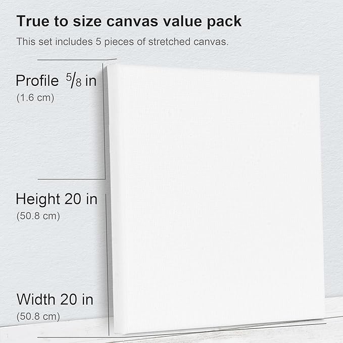 PHOENIX Large Stretched Canvas for Painting 20x20 Inch/5 Value Pack, 8 Oz Triple Primed 5/8 Inch Profile 100% Cotton White Blank Canvas, Square Framed Canvas for Oil Acrylic & Pouring Art
