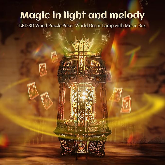 LED 3D Wood Puzzle Poker World Projector Lamp – DIY Craft Kit with LED Lights and Music Box – Creative Poker-Themed Lamp, Nightlight Gift for Home Décor (White Maple)