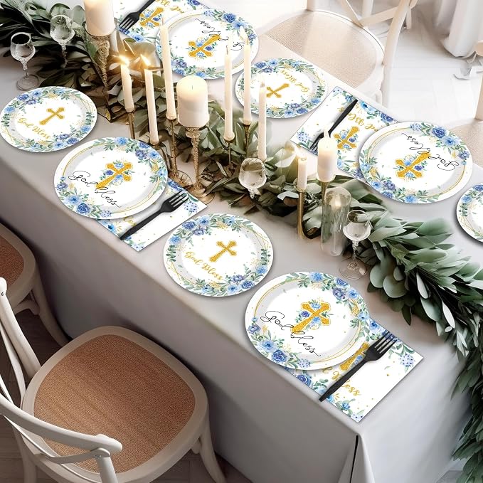 200pcs God Bless Plates Napkins Baptism Paper Tableware Set First Holy - Image 5