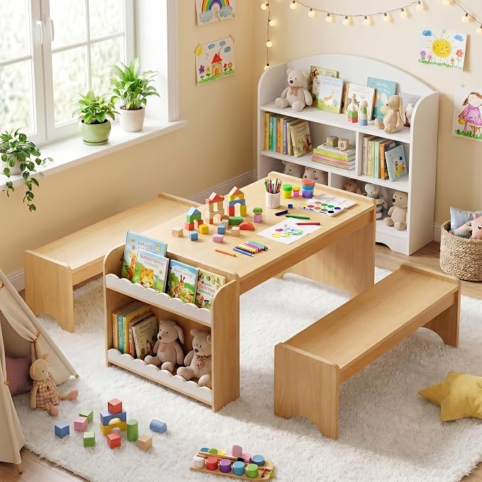 Kids Table and Bench Set, Montessori Kids Table and Chair Set, Indoor Wooden - Image 7