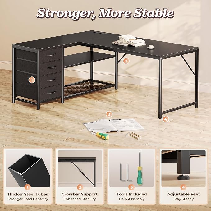 PRAISUN 53" L Shaped Desk with Power Outlets & USB-C Port, Reversible Computer - Image 8