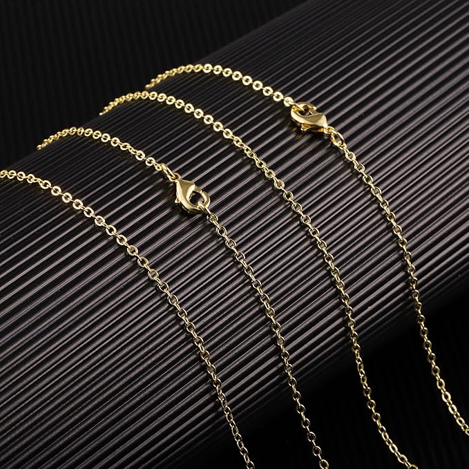 Wholesale 12 PCS Gold Plated Solid Brass Flat Cable Chain Finished Necklace Chains Bulk for Jewelry Making (26 Inch(2 MM))