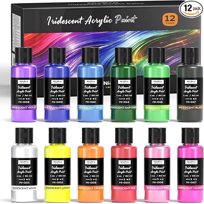Nicpro 12 Colors Iridescent Acrylic Paint Set, 1 oz/30 ml Chameleon Metallic by Nicpro