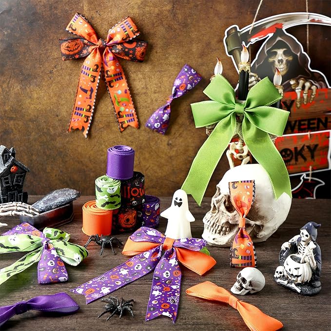 12 Rolls Halloween Wired Edge Ribbon for Wreaths 2 Inch x 60 Yards Bat Spider Web Pumpkin Print Grosgrain Ribbon Ghost Witch Hat Crafts for Halloween Party Decorative Supplies, 12 Styles