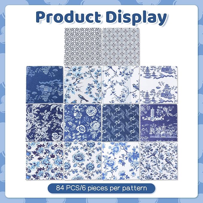 84 Pcs Blue White Floral Fabric Squares, 5″ Charm Packs - Image 4
