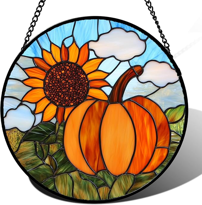 DASTOLL Stained Glass Window Hanging Fall Farm Scenery Sunflower Pumpkin 6.3" by DASTOLL