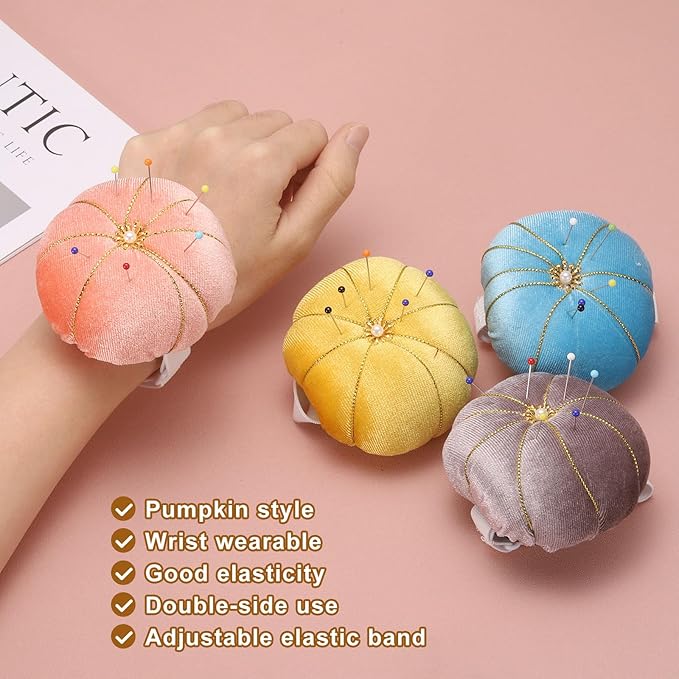 HARFINGTON Wrist Pin Cushion Wristband Sewing Pincushion Polyester Pin Holder Wearable Pumpkin Shaped Needles Wristband with 100 Head Needles for Sewing Quilting DIY Crafts, Orange