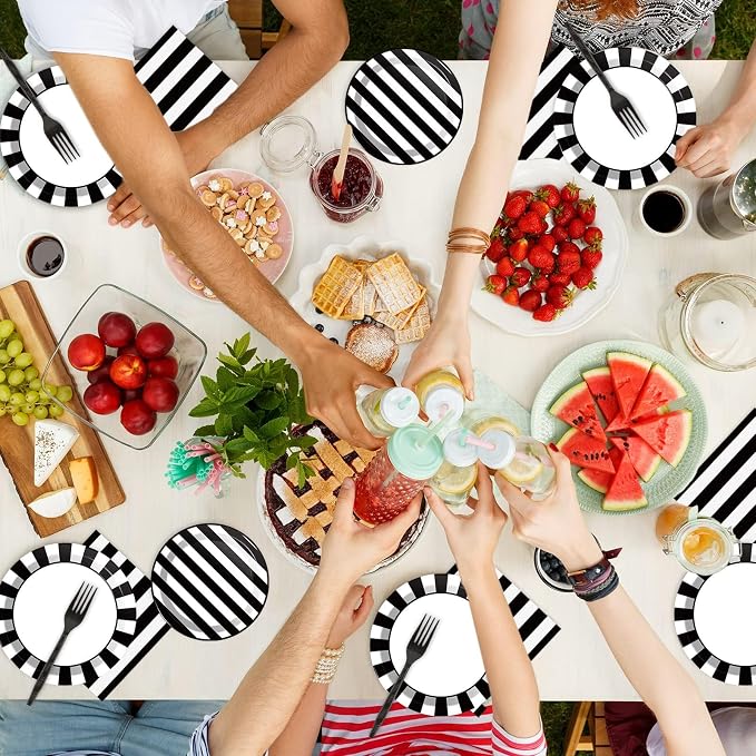 200pcs Black and White Party Plates Napkins Forks Striped Theme Party Tableware - Image 7