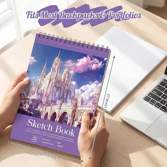 Prudiut Sketch Book 3 Pack, 8.5X11In Violet Spiral Bound Sketch Pad, 50 Sheets - Image 4