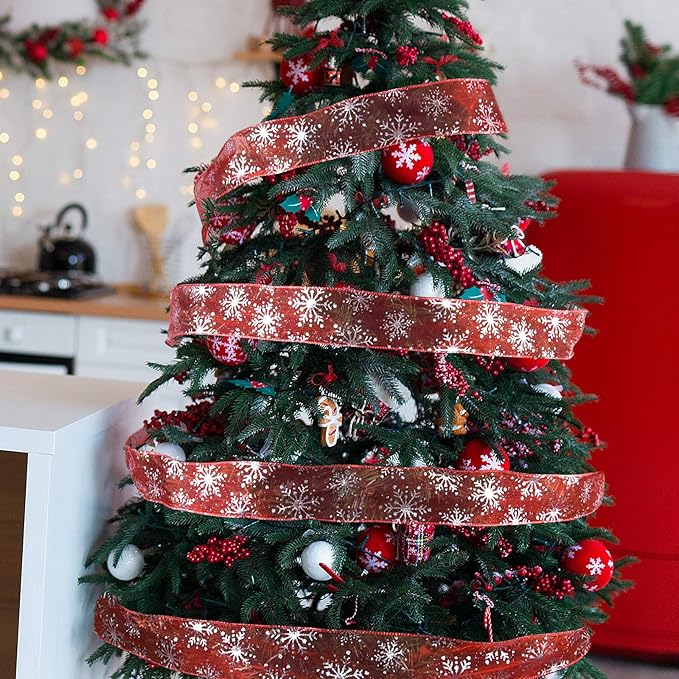 2.5 Inch Wide Christmas Wired Ribbon Snowflake Organza Sheer Glitter Ribbon for Xmas Tree, Wreath, Party Decoration, Gift Wrapping (Red, 10.9 Yards)