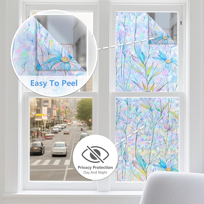 FINNEZ Window Privacy Film Stain Glass Film Flowers Rainbow Window Film Window Clings Non-Adhesive Reusable Decorative for Home（Blue Lotus，17.5 Inch x 13.1 Feet）
