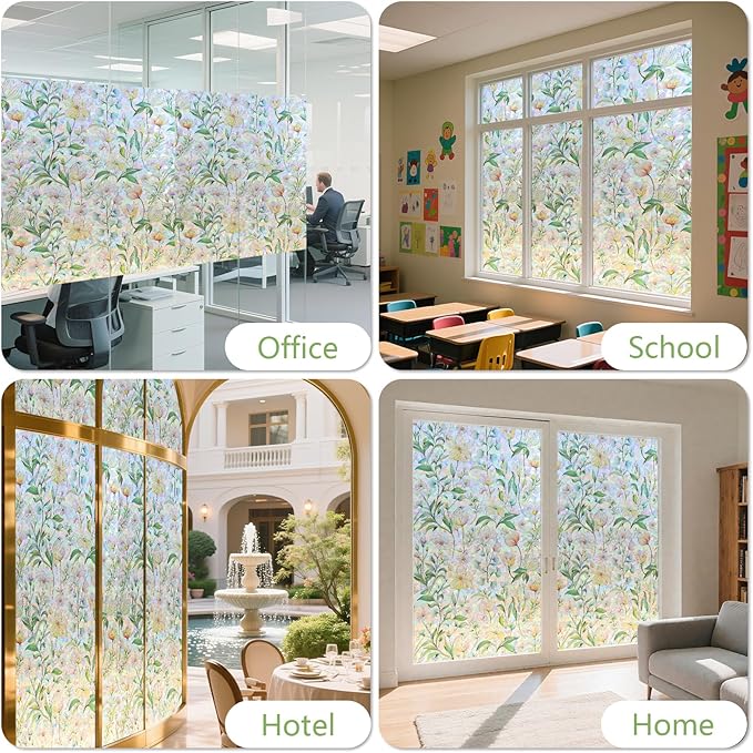 FINNEZ Window Privacy Film Stain Glass Film Flowers Rainbow Window Film Window Clings Non-Adhesive Reusable Decorative for Home（Forest Rainbow，45.2 Inch x 6.5 Feet）