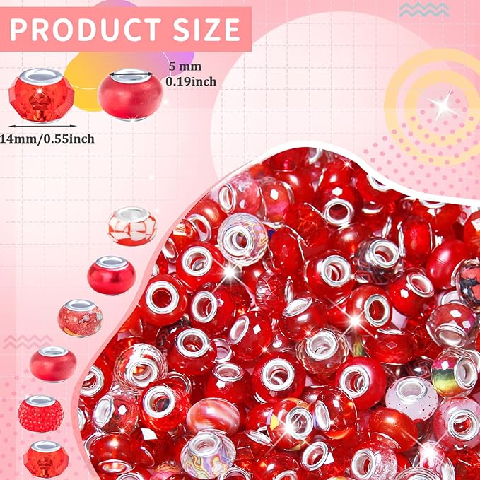 200Pcs Large Hole Beads Spacer Beads Red Assorted European Craft Big Beads - Image 2