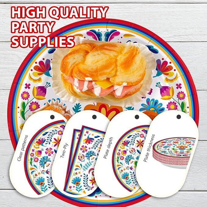 168Pcs Mexican Fiesta Party Decorations, Serves 24 | Mexican Floral Plates and - Image 4