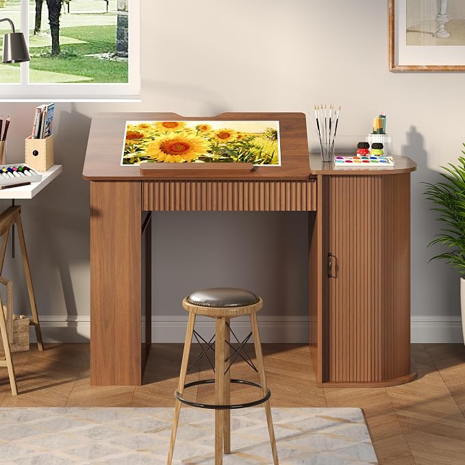 Drafting Table with Storage Cabinet & Drawers, Adjustable Drawing Table with - Image 9