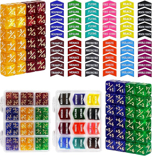 108PCS MTG Tokens & 12mm MTG Dice Set for Magic Card, Keyword Token Life Counters Dice with Box, Compatible with Magic CCG Card Gaming Accessories