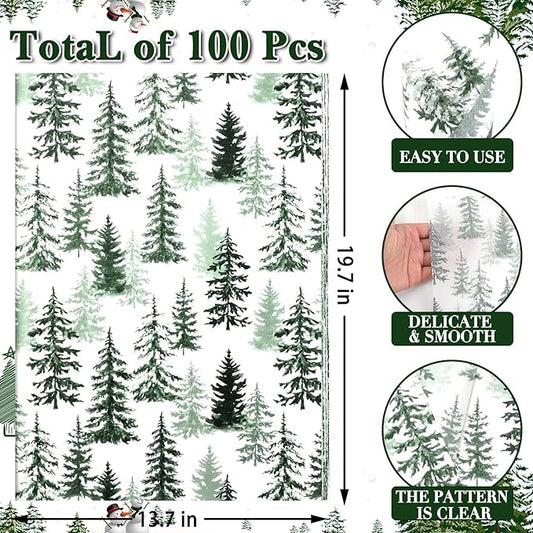 100 Sheets Christmas Tree Tissue Paper, 20x14in Forest Style Wrapping Tissue Watercolor Xmas Tree Art Tissue for Xmas Party Gift Bag Fillers Winter Party Decor (Green)