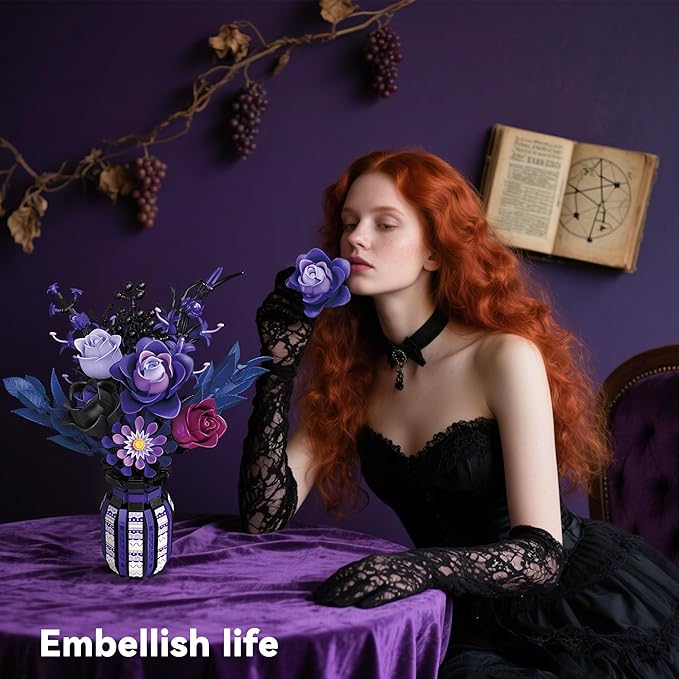 Flowers Bouquet Building Set Roses Purple Compatible with Lego Botanical Collection Gothic for Women Adults Girls 14+ Home Office Decor