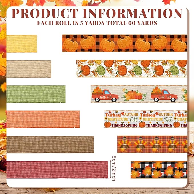 12 Rolls Fall Wired Edge Ribbon for Wreaths 2 Inch x 60 Yards Maple Leaves Pumpkin Turkey Print Ribbon Thanksgiving Plaid Crafts for Autumn Harvest Party Decoration Supplies, 12 Styles