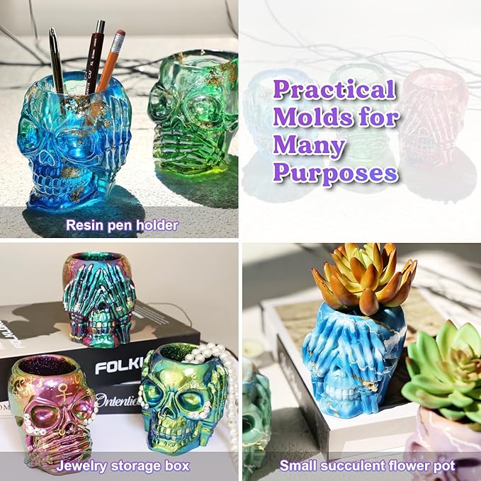 LET'S RESIN Skull Resin Molds, Hear-no, Speak-no, See-no 3 Pcs Skull Silicone Molds for Resin Crafts, Cute Epoxy Resin Molds Silicone for Resin Casting, DIY Craft, Home Decor