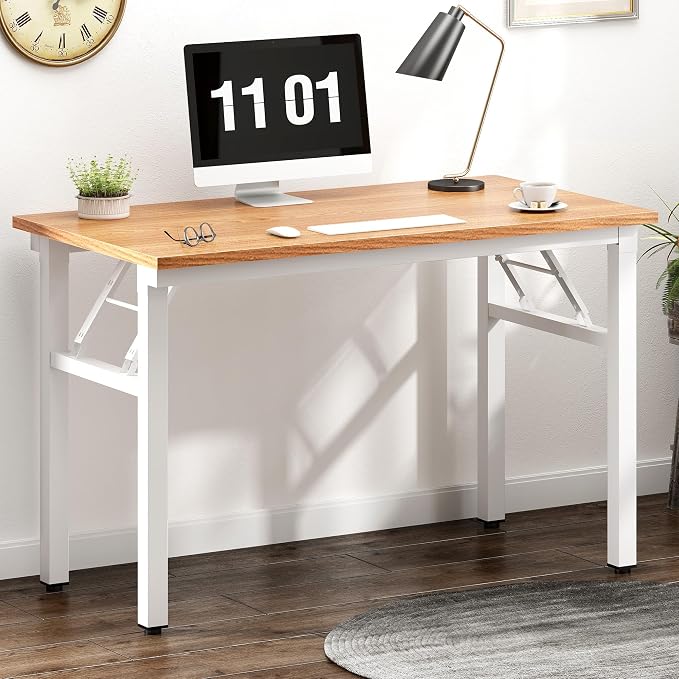 Need Small Folding Computer Desk, 39.4 Inch Writing Table, Teak & White | - Image 2