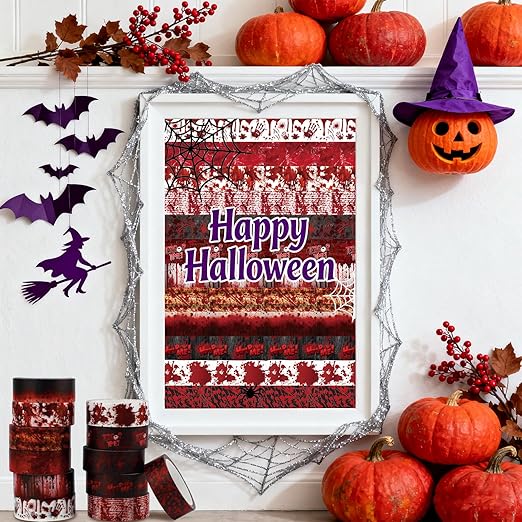 12 Rolls Halloween Washi Tape Bloody Printing Tapes Spooky Bloodstain Pattern Masking Tapes for Scrapbook Journal DIY Art Crafts Wrapping Decor 16.4FT