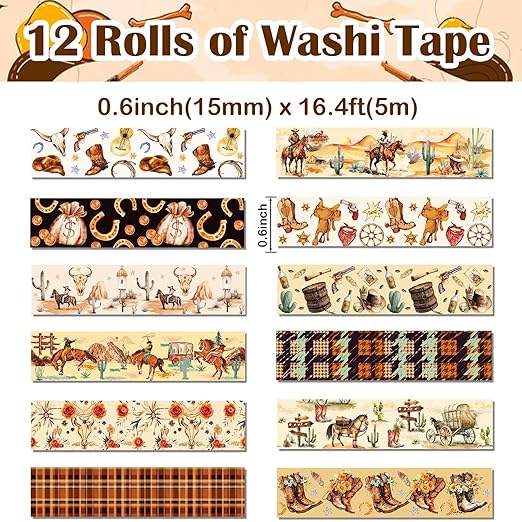 12 Rolls Western Washi Tapes, Wild West Cowboy Masking Tapes, Cowboy and Cowgirl Decorative Adhesive Stickers for Handbook Sticker Scrapbook Journaling Party Supplies DIY Craft Gift Wrapping 16.4FT