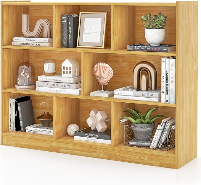 Giantex 8 Cube Bookcase, Freestanding 3-Tier Open Bookshelf, Modern Storage Display Cabinet, Wood Cube Storage Organizer for Living Room, Kid’s Room, Burlywood
