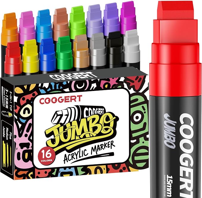Coogert 16 Colors Jumbo Poster Markers, 15MM Thick Permanent Acrylic Graffiti by CoogertPaintPens