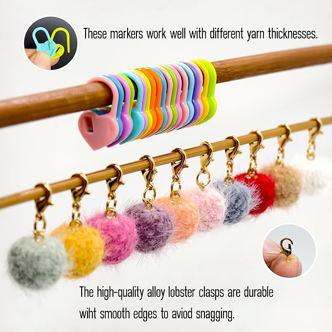 10 Pcs Cute Wool Ball Stitch Markers for Crocheting with Alloy Lobster Clasps & 20 Pcs Heart-Shaped Knitting Markers,for Knitting & Crochet Supplies,Suitable for Various Yarn thicknesses.