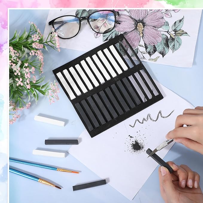 24 Pcs Soft Pastel Drawing Chalk Set Square Sketch Chalk Non-toxic Artist Pastel Sticks for Professional Artists Students and Art Lovers(Black, White)