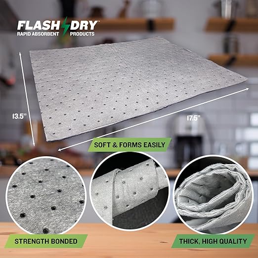 FlashDry - Universal Spill Absorbent Pads (100 Pads per Container) | 17.5” x 13.5” x 2mm Oil and All Purpose Premium Liquid Pads Packed in a Convenient Sturdy Dispensing Box (1)