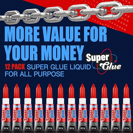 3 Gram (Pack of 12) Single Use Super Glue Liquid, Super Fast, Thin & Strong Adhesive Superglue, Cyanoacrylate Glue for Hard Plastics, DIY Craft, Ceramics, Leather, Metal Etc