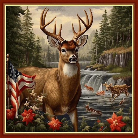 Foxhool Beginners Cross Stitch Kits Stamped Full Range of Embroidery Kits for Adults DIY Cross Stitches kit Embroidery Patterns for Needlepoint kit-Deer National Flag 17.7x17.7 inch