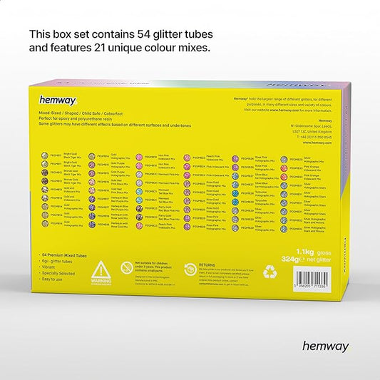 Hemway Mixed Polyurethane & Epoxy Resin Glitter Box (Pack of 54) | Metallic Flakes Shaker Set for Arts & Crafts | Assorted Colour Craft Supplies for Making Cards, Jewellery, Tumblers & Coasters