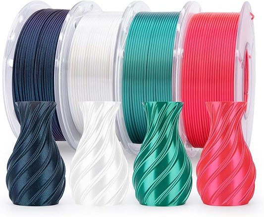ELEGOO 250g Silk PLA Filament Bundle 1.75mm, 4 Colors Shiny 3D Printer Filaments Dimensional Accuracy +/- 0.02mm, 4 Pack 250g Spool Holly Green/Red/White/Galaxy Black