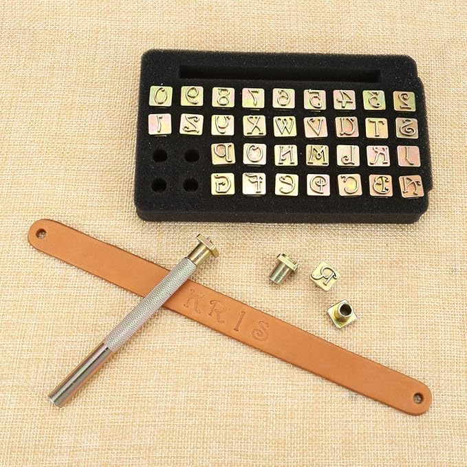 Yoption 37 Pieces Leather Stamping Tool Set, 26 Letters Alphabet & 10 Numbers Stamps Steel Punch Tool 9mm + 1 Stamping Handle for Leather Craft