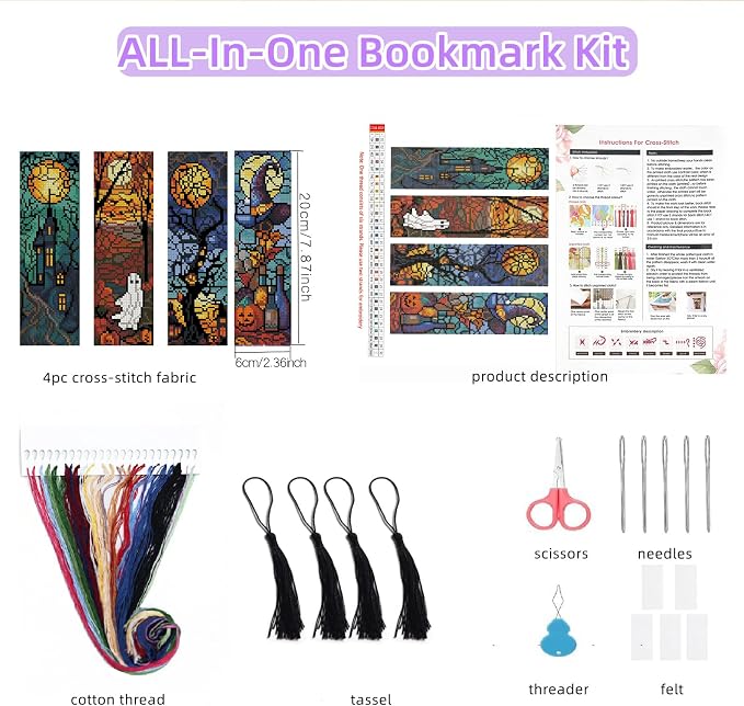 4PC Halloween Counted Cross Stitch Bookmark Kit - Image 3