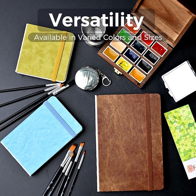Funto Watercolor Paper Journal 2-Pack, 3.5x5.5, 44 Pages Each, 100% Cotton Cold Press, PU Leather Blue Hard Cover, Art Supplies for Mixed Media