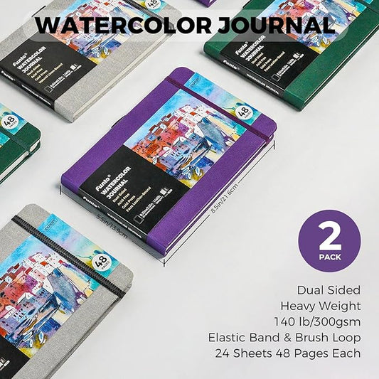 Funto Watercolor Journal, 8.5x5.5, 2 Pack, 48 Pages Each, Purple Leather Cover, Cold-Pressed, Inner Paper Pocket, Art Supplies for Mixed Media