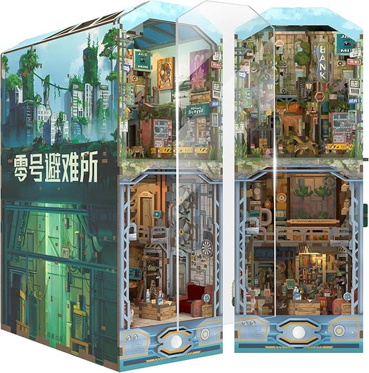 Tonecheer DIY Book Nook Kit for Adults, Wooden 3D Puzzle Bookend Diorama Bookshelf Insert Decor Fancy Books, Booknook Miniature House Kit with Dust Cover and Sensor LED (Haven Zero)