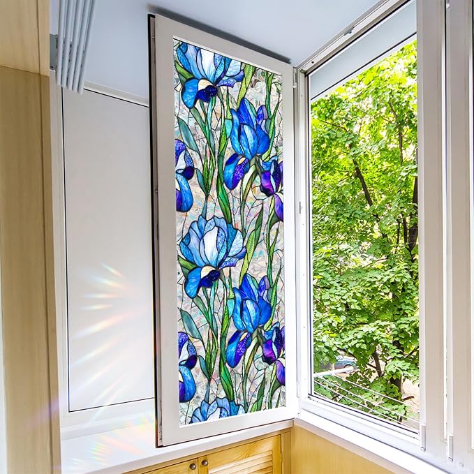 Bloss Blue Iris Flowers Sunroof Film Floral Rainbow Effect Static Clings Window - Image 7