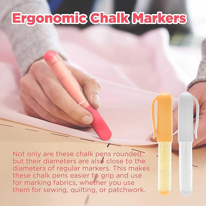 (3-pack) Fabric Chalk Markers -Erase Tailor’s Chalk for Quilting and Sewing - Compatible with Most Fabrics - With Dosing Wheel Technology, Red, Yellow, White