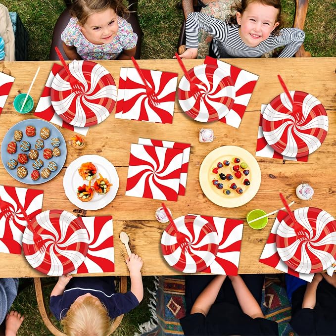 100Pcs Christmas Peppermint Paper Plates and Napkins Party Supplies Candy Cane - Image 6
