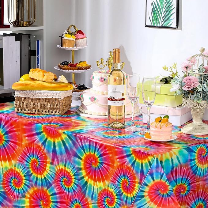Newwiee Tie Dye Tablecloth Rainbow Table Cloth 54 x 108 Inch Plastic Rectangle - Image 4