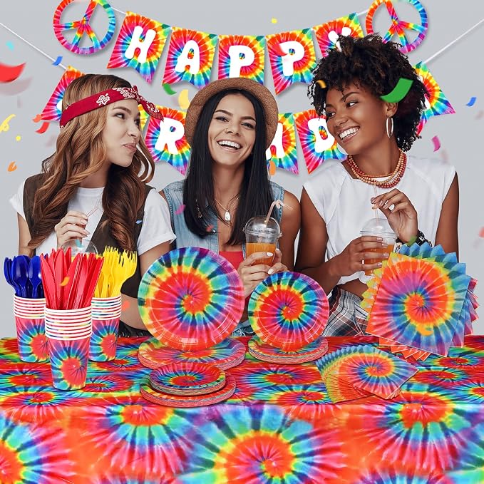 Yaomiao 171 Pcs Tie Dye Tablecloth Birthday Decorations Tie Dye Party Tableware - Image 5