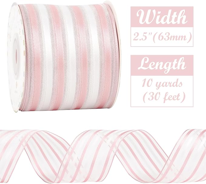 HUIHUANG Pink White Stripe Sheer Ribbon - Image 2